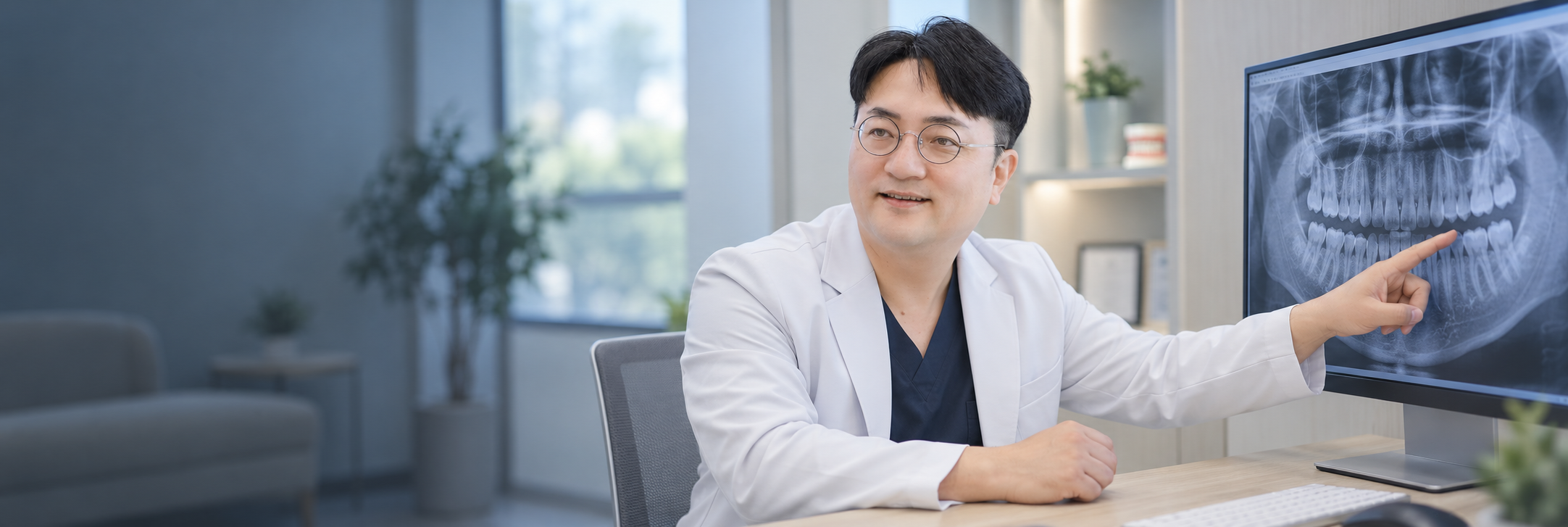 파노라마 영상을 가리키며 설명하는 치과 의사